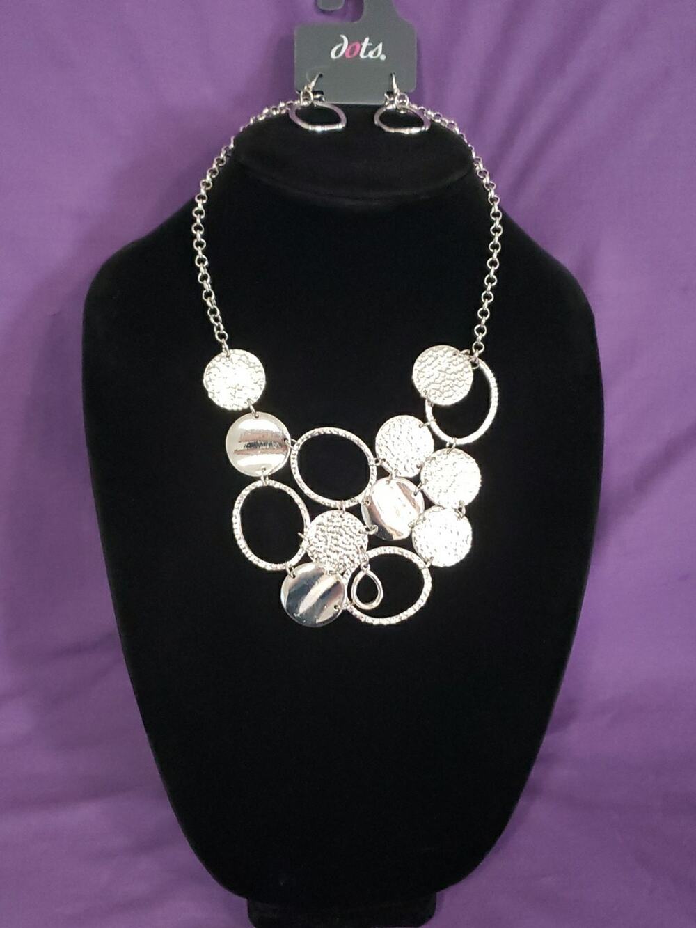 Dots Brand Statement Bib Style Necklace And Earrings Set Silver Tone Metal New